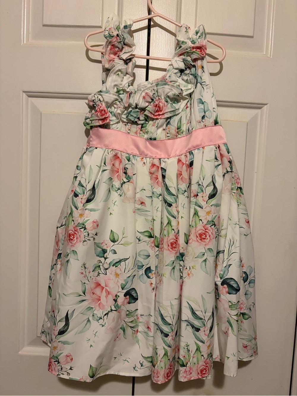 Girls White Floral Ruffle Strap Special Occasion Dress with Pink Sash